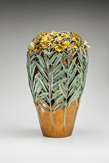 A Bronze Vessel by Carol Alleman, Twilight Stars, featuring the Evening Primrose and the Primrose Moth.