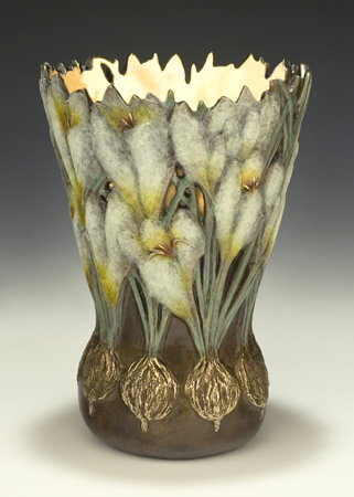 Snowy White Promises, from the Garden of Promises Series, a bronze vessel of crocus with pastel white patina